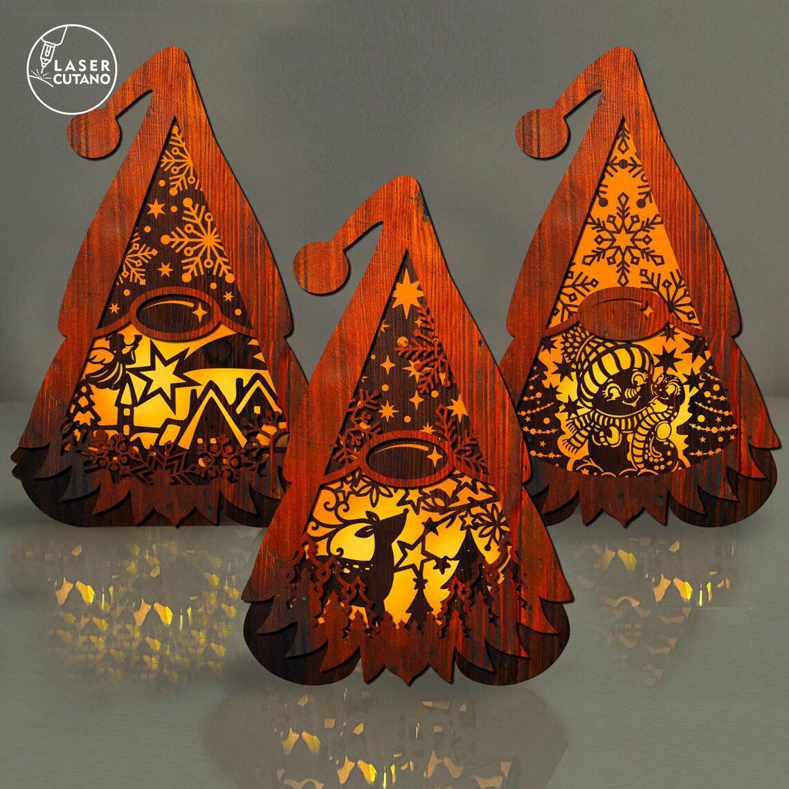 Set of 3 Christmas Gnome Lanterns with LED Light  - LaserCutano - 002