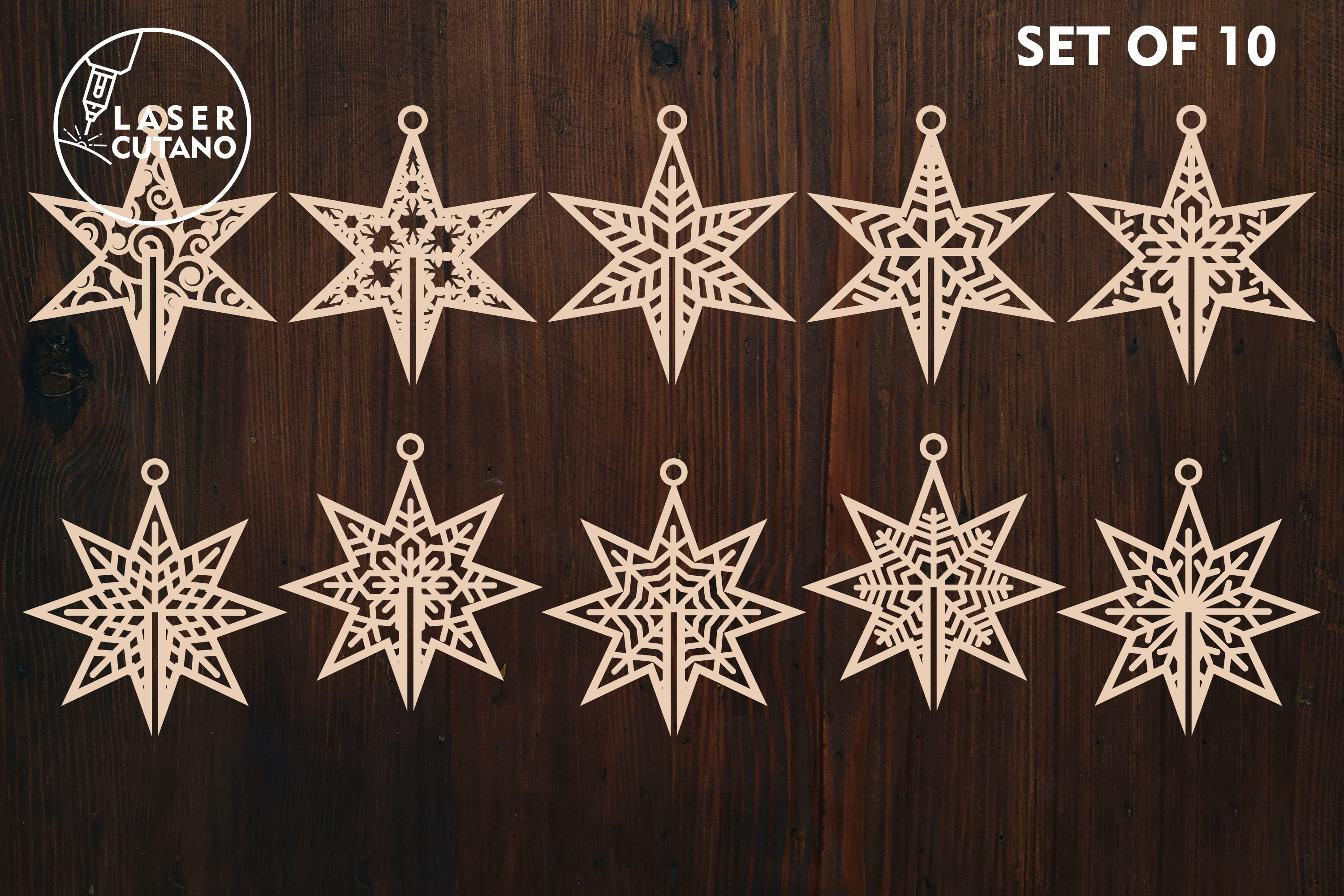 Set of 10 Christmas Star Ornaments, Christmas Tree Decor Set of 10 Christmas Star Ornaments, Christmas Tree Decor - LaserCutano - 001