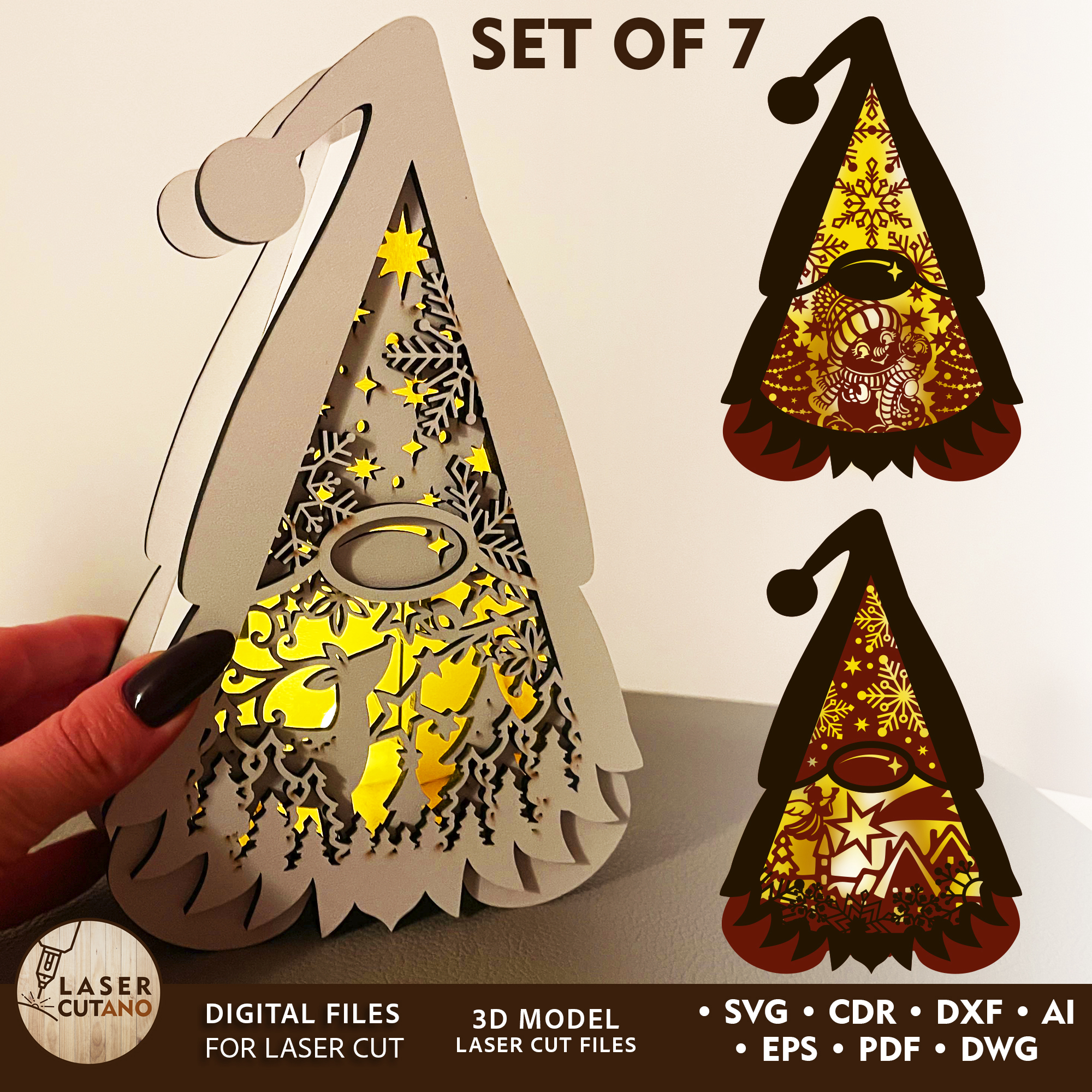 Set of 3 Christmas Gnome Lanterns with LED Light  - LaserCutano - 001