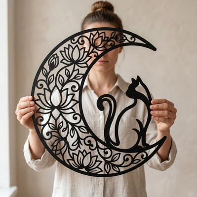 Moon Cat Laser SVG | Floral Crescent Moon Cat Cut File - HappyDesignStudio - 002