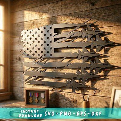 American Flag With Fighter Jets SVG | Plasma CNC Metal Art  - HappyDesignStudio - 001