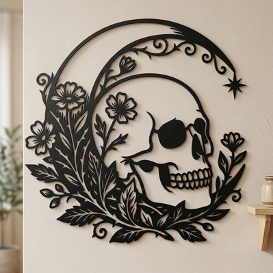Floral Skull Moon SVG, Gothic Skull Wall Art, Crescent Moon  - HappyDesignStudio - 002