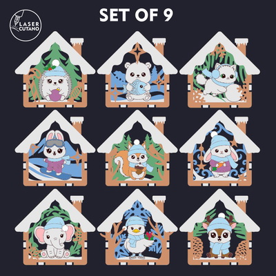 π Christmas Animal Ornaments Set of 9 - House-Shape π Christmas Animal Ornaments Set of 9 - House-Shape - LaserCutano - 001