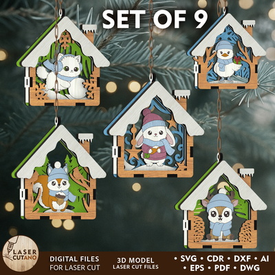 🎄 聖誕動物掛飾 9 件組 - 房子形狀