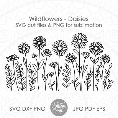 Wildflower SVG | Daisy Border | Line Art | Field of Flowers - Artisan Craft - 001