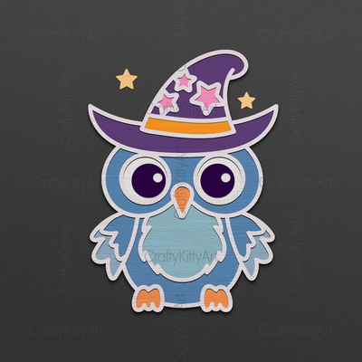Cute Kawaii Owl in Hat with Stars, 3D layered SVG DXF PNG - CraftyKittyArt - 002