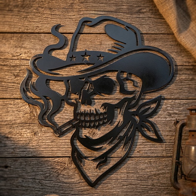 Cowboy Skull Laser SVG, Smoking Skull Western Hat Dxf - HappyDesignStudio - 002