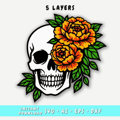 Floral Skull Multilayer SVG, 5 Layer Flower Skull Cut File