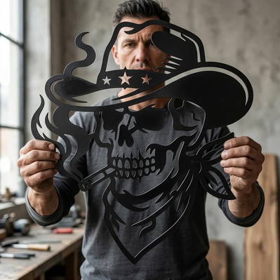 Cowboy Skull Laser SVG, Smoking Skull Western Hat Dxf - HappyDesignStudio - 003