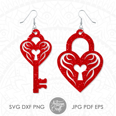 心形鎖和鑰匙，耳環 svg，心形耳環 svg，鎖 - Artisan Craft - 001