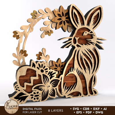 Eater Bunny Wreath Decoration with Floral and Egg Design - LaserCutano - 001