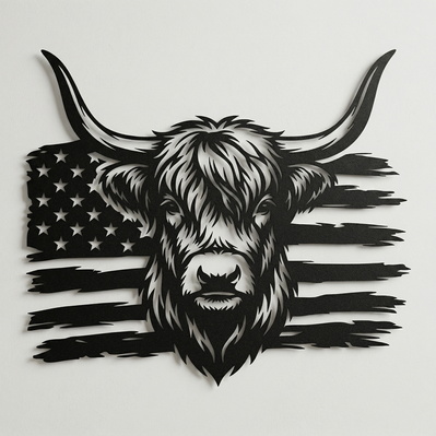 Patriotic Highland Cow SVG | American Flag Metal Wall Art - HappyDesignStudio - 004