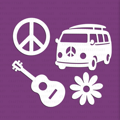 Hippie Laser cut SVG: Peace sign, Camper van, Guitar, Daisy - CraftyKittyArt - 001