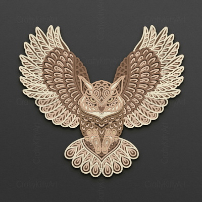 貓頭鷹鳥，曼陀羅飛貓頭鷹，3d 分層 svg dxf png 文件 - CraftyKittyArt - 001