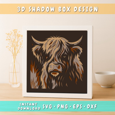 Rustic Highland Cow 3D Shadow Box SVG, Layered Cow Paper Cut