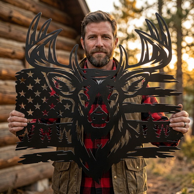 Deer and American Flag SVG | Buck Head Metal Wall Art - HappyDesignStudio - 002