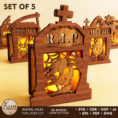 萬聖節墓碑燭台 - 幽靈燈籠模板 - LaserCutano - 002