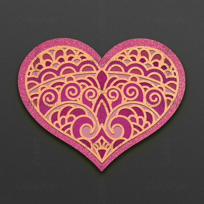 心，曼陀羅花邊愛心，3d 分層 svg dxf png 文件 - CraftyKittyArt - 001