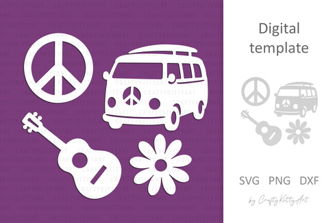 Hippie Laser cut SVG: Peace sign, Camper van, Guitar, Daisy Hippie Laser cut SVG: Peace sign, Camper van, Guitar, Daisy - CraftyKittyArt - 001