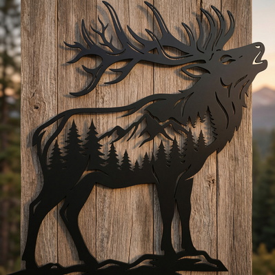 Bugling Elk Metal Wall Art SVG | Deer Forest Scene DXF  - HappyDesignStudio - 002