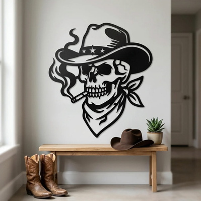 Cowboy Skull Laser SVG, Smoking Skull Western Hat Dxf - HappyDesignStudio - 004