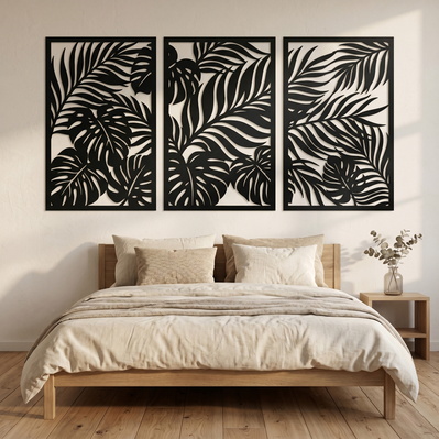 Tropical Leaf Wall Art Laser SVG | 3 Panel Metal Wall Art - HappyDesignStudio - 002