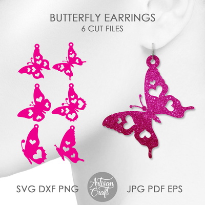 Butterfly earrings SVG with hearts, Butterfly wing earring - Artisan Craft - 001