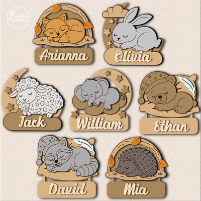 個性化睡眠動物兒童名字標誌（7 件組） - LaserCutano - 002