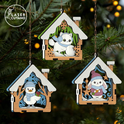 🎄 聖誕動物掛飾 9 件組 - 房子形狀 - LaserCutano - 002