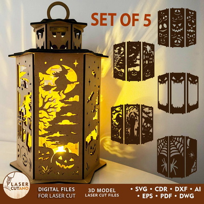 Halloween Lantern Set of 5 | Laser Cut Candle Holder SVG 