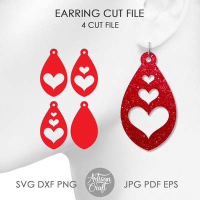 Tear drop earrings SVG, valentines jewelry, heart earrings - Artisan Craft - 001