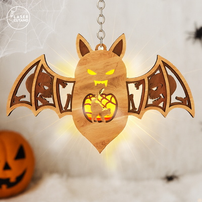 Halloween Bat Lantern SVG - Cat with a Web Night Light - LaserCutano - 002