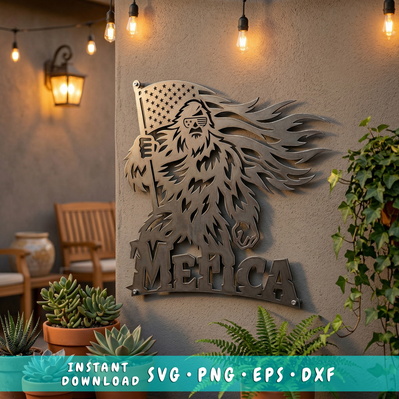 Patriotic Bigfoot Laser SVG, Merica Sasquatch Metal Wall Art - HappyDesignStudio - 001