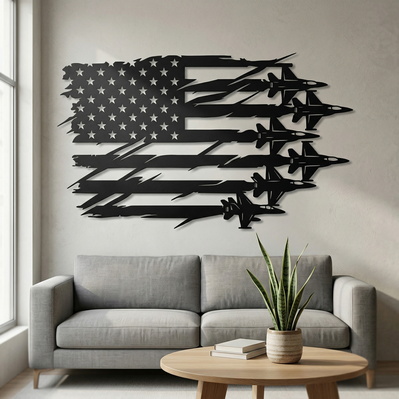 American Flag With Fighter Jets SVG | Plasma CNC Metal Art  - HappyDesignStudio - 003