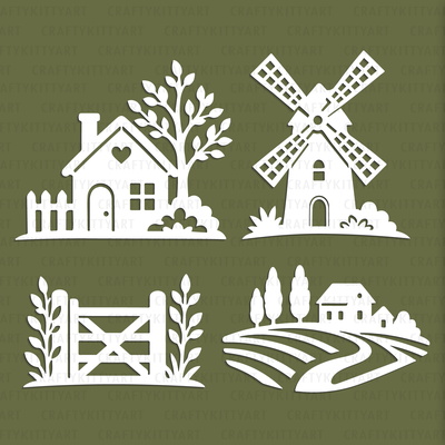 Farm Laser Paper cutting SVG: Farmhouse, Windmill, Barn - CraftyKittyArt - 001