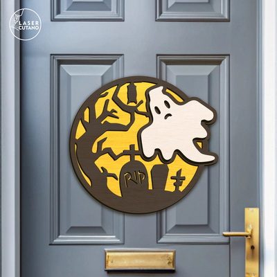 Ghost Halloween Door Hanger Laser Cut File – Spooky Round - LaserCutano - 002