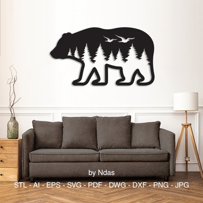 熊與森林和鳥牆裝飾 - Ndas - 003