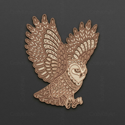 Owl Bird, Mandala Flying Owl, 3D layered SVG DXF PNG files - CraftyKittyArt - 001