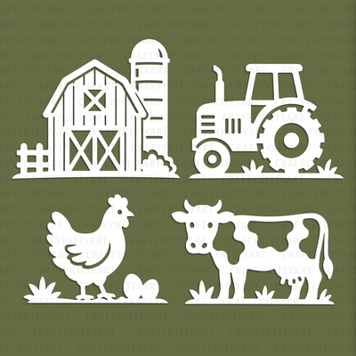  Farm Laser Paper cutting SVG: Barn, Tractor, Chicken, Cow - CraftyKittyArt - 001