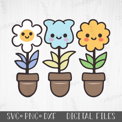 Cute Kawaii Flower in Pot Clipart bundle. SVG DXF PNG files - CraftyKittyArt - 001