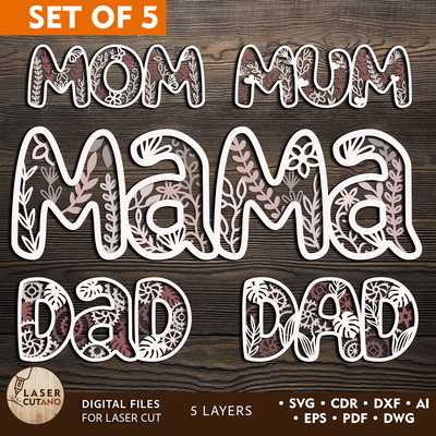 Set of 5 Floral Family Name Signs Mom Mum Mama Dad