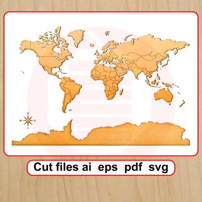 Laser cut SVG World map vector template mdf wood crafts - Daniel San - 001