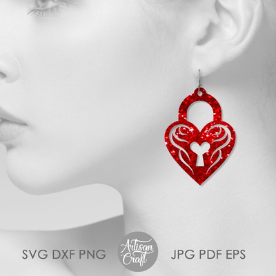 心形鎖和鑰匙，耳環 svg，心形耳環 svg，鎖 - Artisan Craft - 005