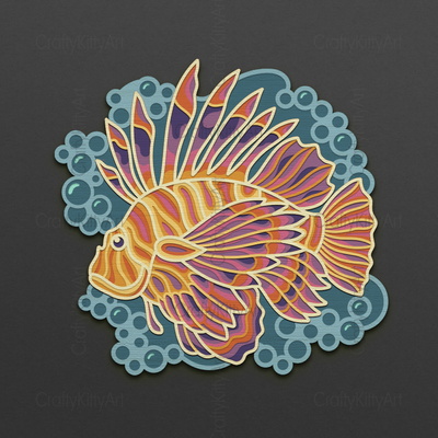 獅子魚，曼陀羅魚，3d 分層 svg dxf png 文件 - CraftyKittyArt - 001