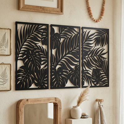 Tropical Leaf Wall Art Laser SVG | 3 Panel Metal Wall Art - HappyDesignStudio - 003