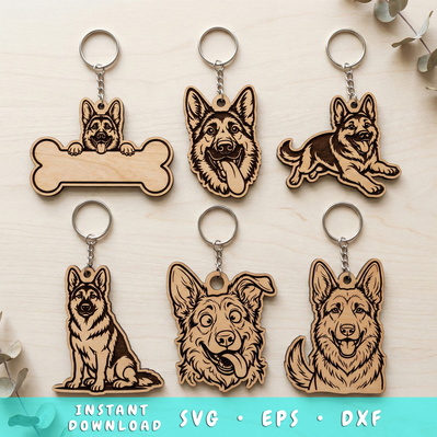 German Shepherd Keychain SVG Bundle, 6 Laser Cut Files