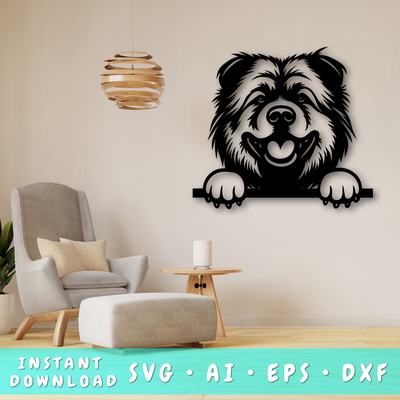 偷看鬆獅犬雷射 svg，狗雷射切割設計，寵物愛好者 - HappyDesignStudio - 001