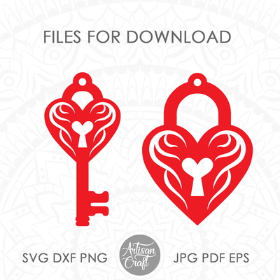 心形鎖和鑰匙，耳環 svg，心形耳環 svg，鎖 - Artisan Craft - 006