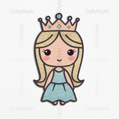 戴皇冠的可愛卡哇伊小公主，3d分層svg dxf png - CraftyKittyArt - 001