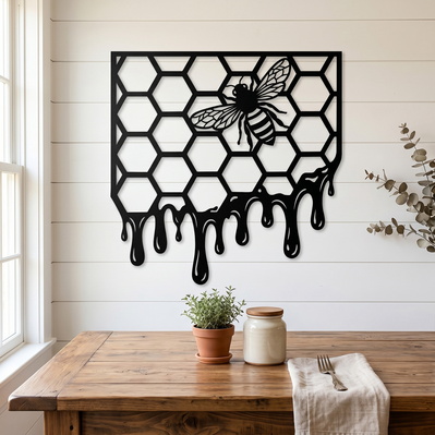 Bee Honeycomb Laser SVG DXF, Dripping Honey Metal Wall Art - HappyDesignStudio - 004